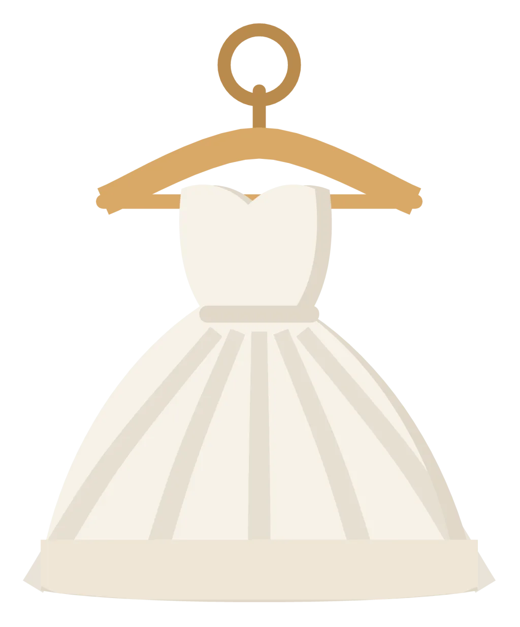 A white wedding dress on a hanger, with a fitted bodice, a full skirt and a lace hem.