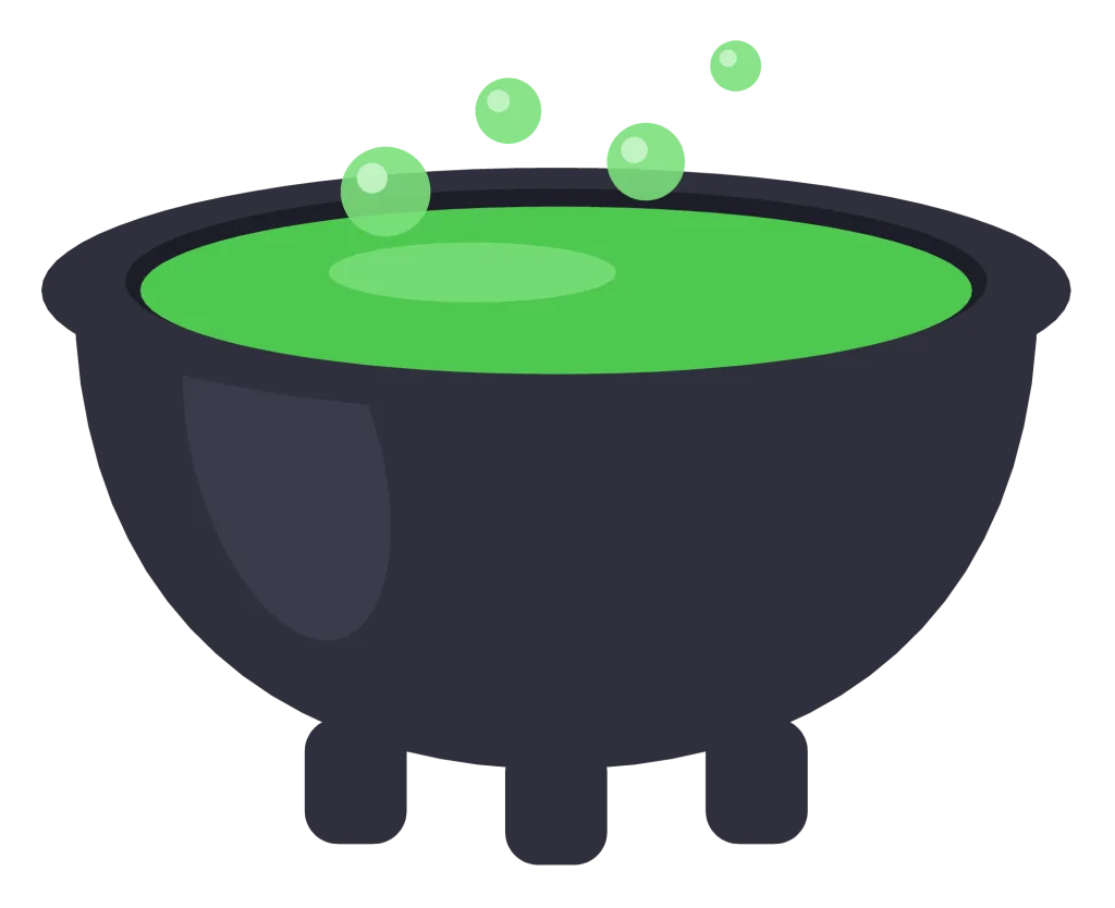 A black cast-iron cauldron on three short legs, filled with bubbling green potion.