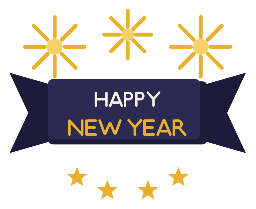 A navy ribbon banner reading Happy New Year with gold stars and bursts around it.
