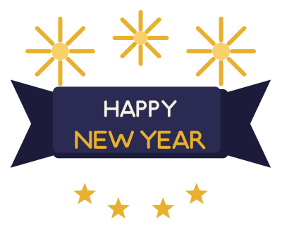 A navy ribbon banner reading Happy New Year with gold stars and bursts around it.