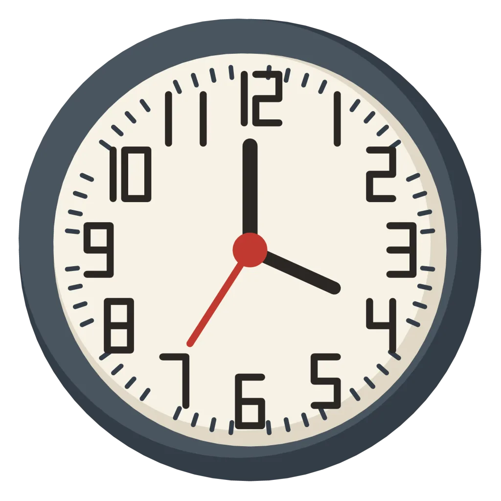 A round classroom wall clock with a white face, black numerals and a red second hand.