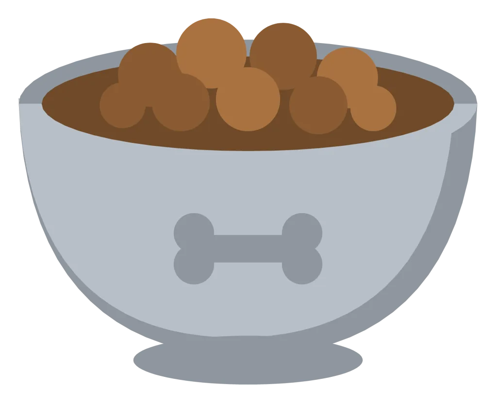A steel dog bowl with a bone stamped on the side and a mound of kibble inside.