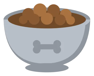 A steel dog bowl with a bone stamped on the side and a mound of kibble inside.