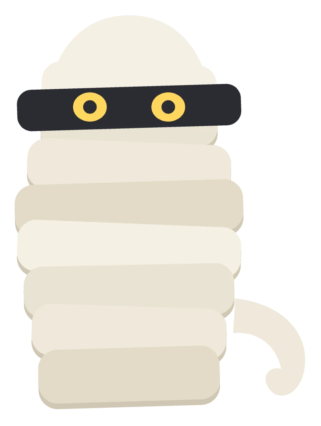 A standing mummy wrapped in overlapping cream bandages, with two dark eyes showing through a gap and a loose bandage end trailing.