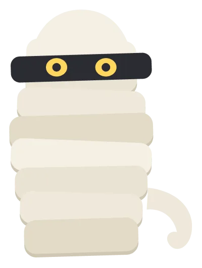 A standing mummy wrapped in overlapping cream bandages, with two dark eyes showing through a gap and a loose bandage end trailing.