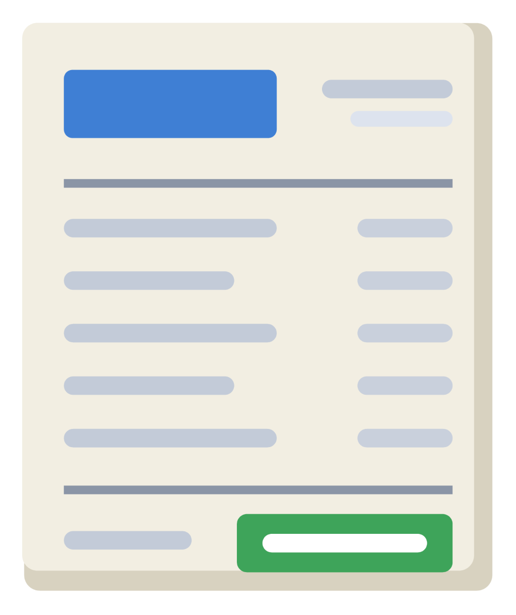 An invoice sheet with a header block, ruled line items and a total in a boxed footer.