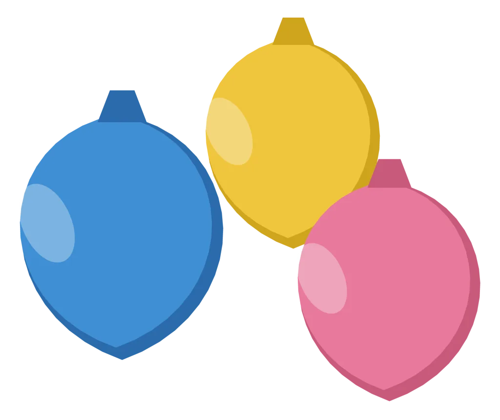 Three small water balloons in blue, yellow and pink, each with a knotted neck and a heavy bottom.
