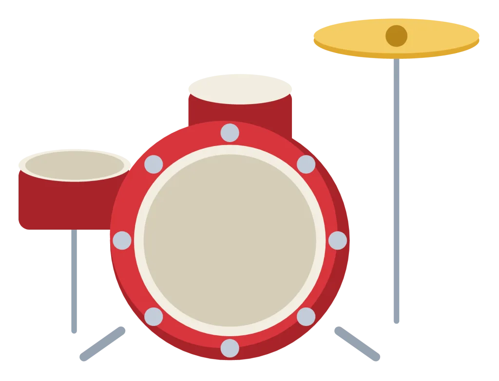 A drum kit with a bass drum, a mounted tom, a snare on a stand and a cymbal.