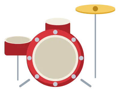 A drum kit with a bass drum, a mounted tom, a snare on a stand and a cymbal.