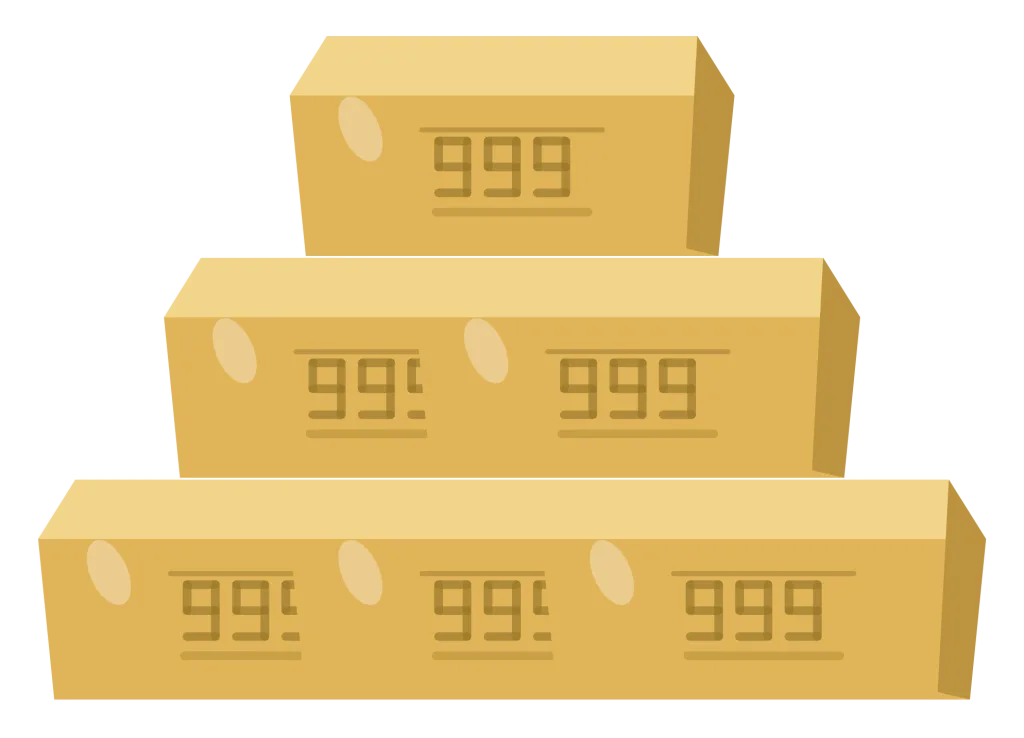 Six gold bullion bars stacked into a pyramid, three across the base and one on top.