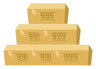 Six gold bullion bars stacked into a pyramid, three across the base and one on top.