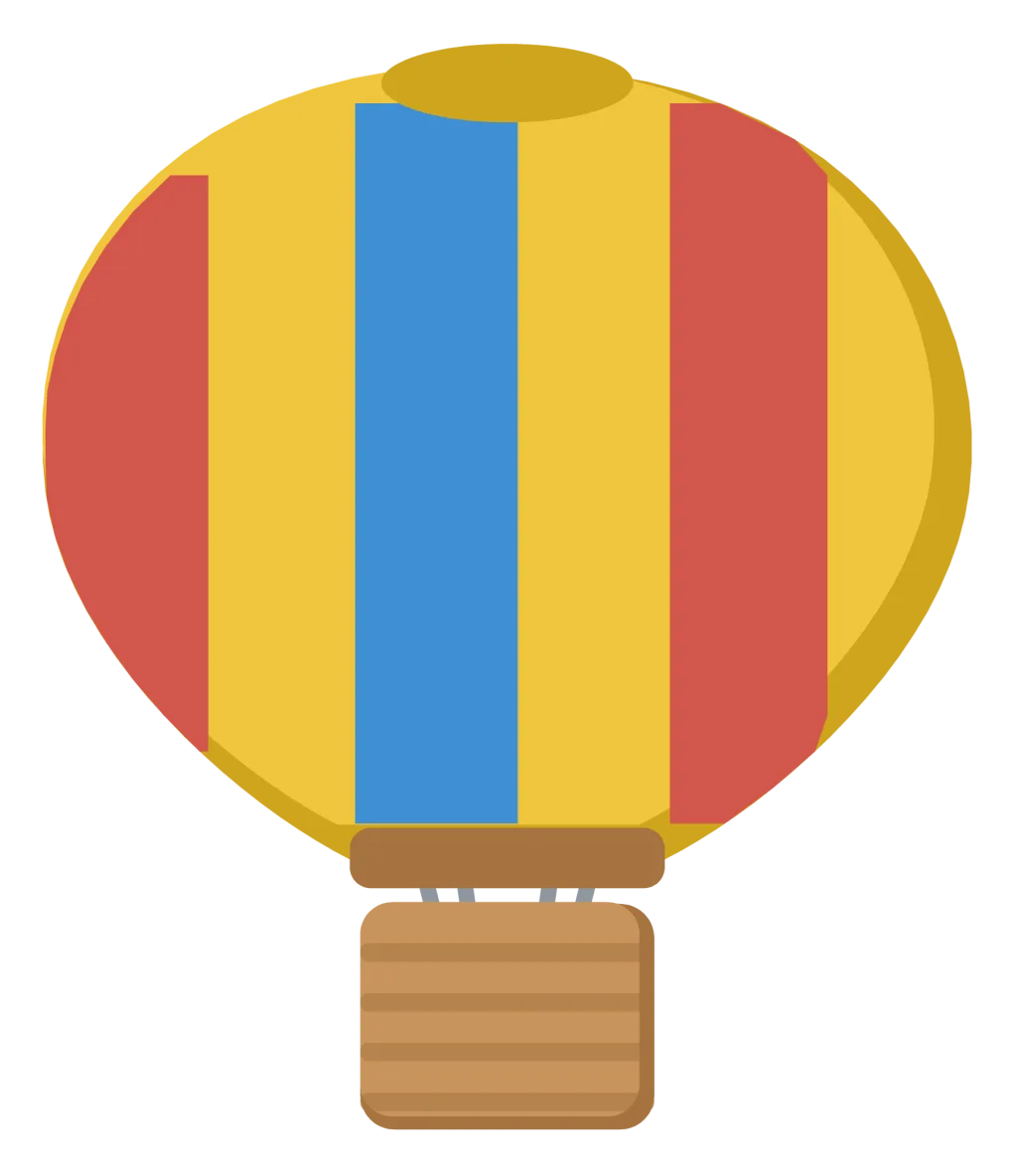 A striped hot air balloon with a wicker basket hanging beneath it on four ropes.