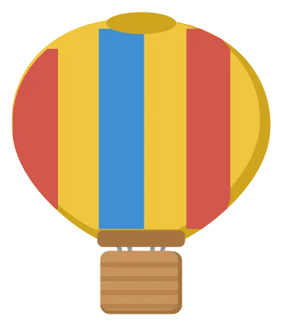 A striped hot air balloon with a wicker basket hanging beneath it on four ropes.