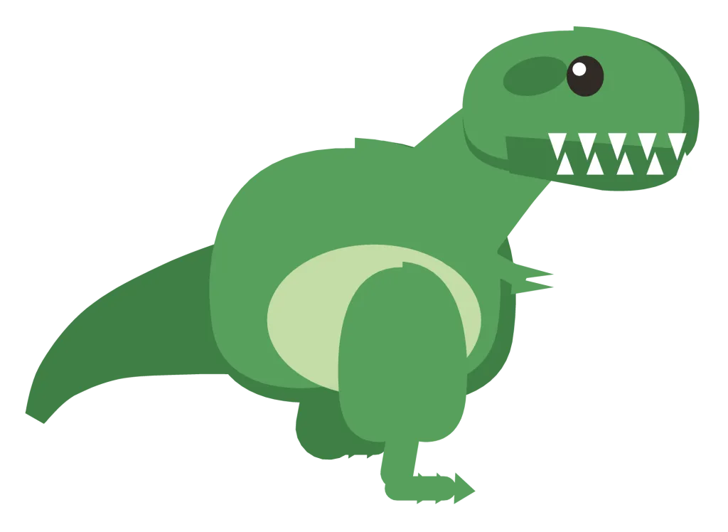 A green Tyrannosaurus rex in side view with an open mouth, tiny arms and a long tail.