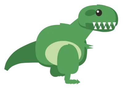 A green Tyrannosaurus rex in side view with an open mouth, tiny arms and a long tail.
