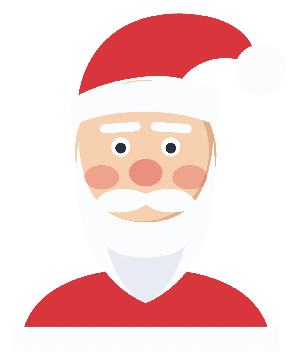A cartoon Santa Claus with a red hat, round rosy cheeks and a full white beard, shown from the shoulders up.
