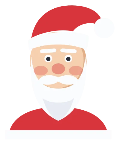 A cartoon Santa Claus with a red hat, round rosy cheeks and a full white beard, shown from the shoulders up.