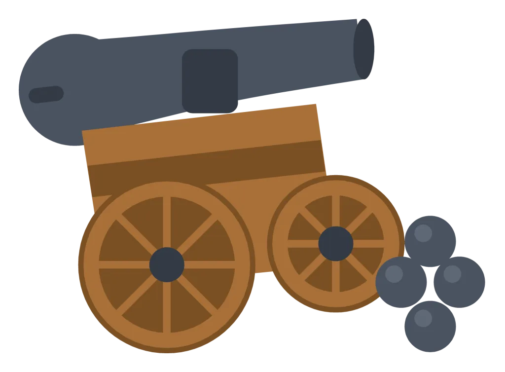 An old iron field cannon on a wooden carriage with two spoked wheels.