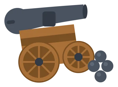 An old iron field cannon on a wooden carriage with two spoked wheels.