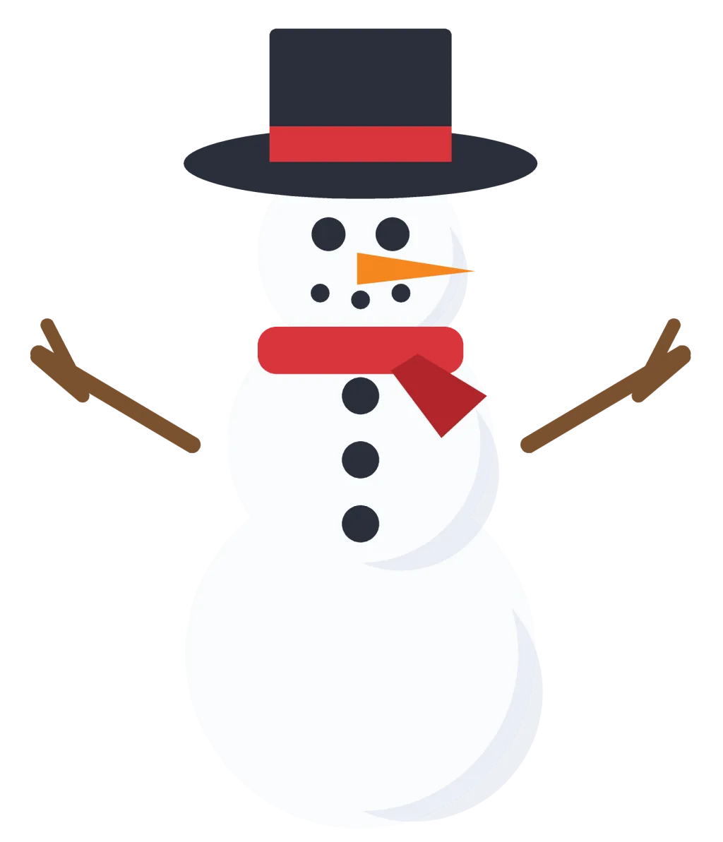 A three-tier snowman with a black top hat, red scarf, carrot nose, coal eyes and twig arms.