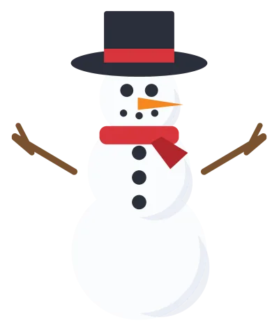 A three-tier snowman with a black top hat, red scarf, carrot nose, coal eyes and twig arms.