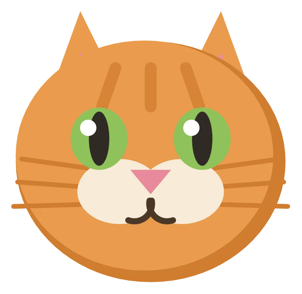A ginger cat face seen head on, with pointed ears, green eyes, a pink nose and whiskers.