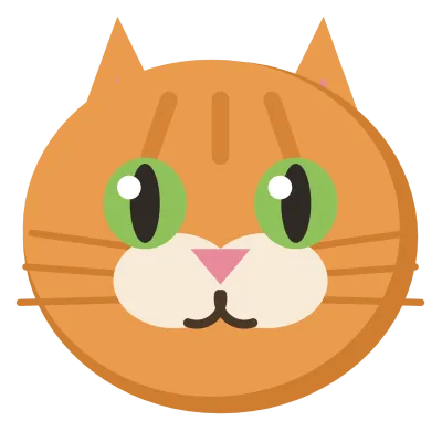 A ginger cat face seen head on, with pointed ears, green eyes, a pink nose and whiskers.