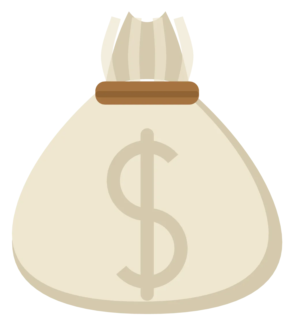 A cream money bag tied at the neck with rope, with a dollar sign on the front.