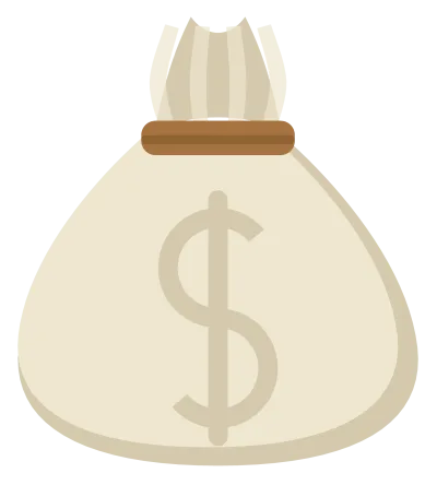 A cream money bag tied at the neck with rope, with a dollar sign on the front.