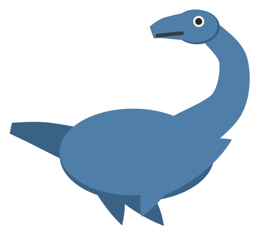 A blue plesiosaur swimming, with a long neck, a small head and four broad paddle flippers.