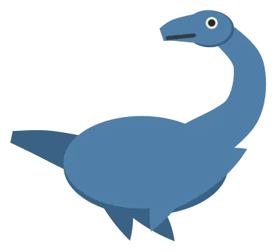 A blue plesiosaur swimming, with a long neck, a small head and four broad paddle flippers.