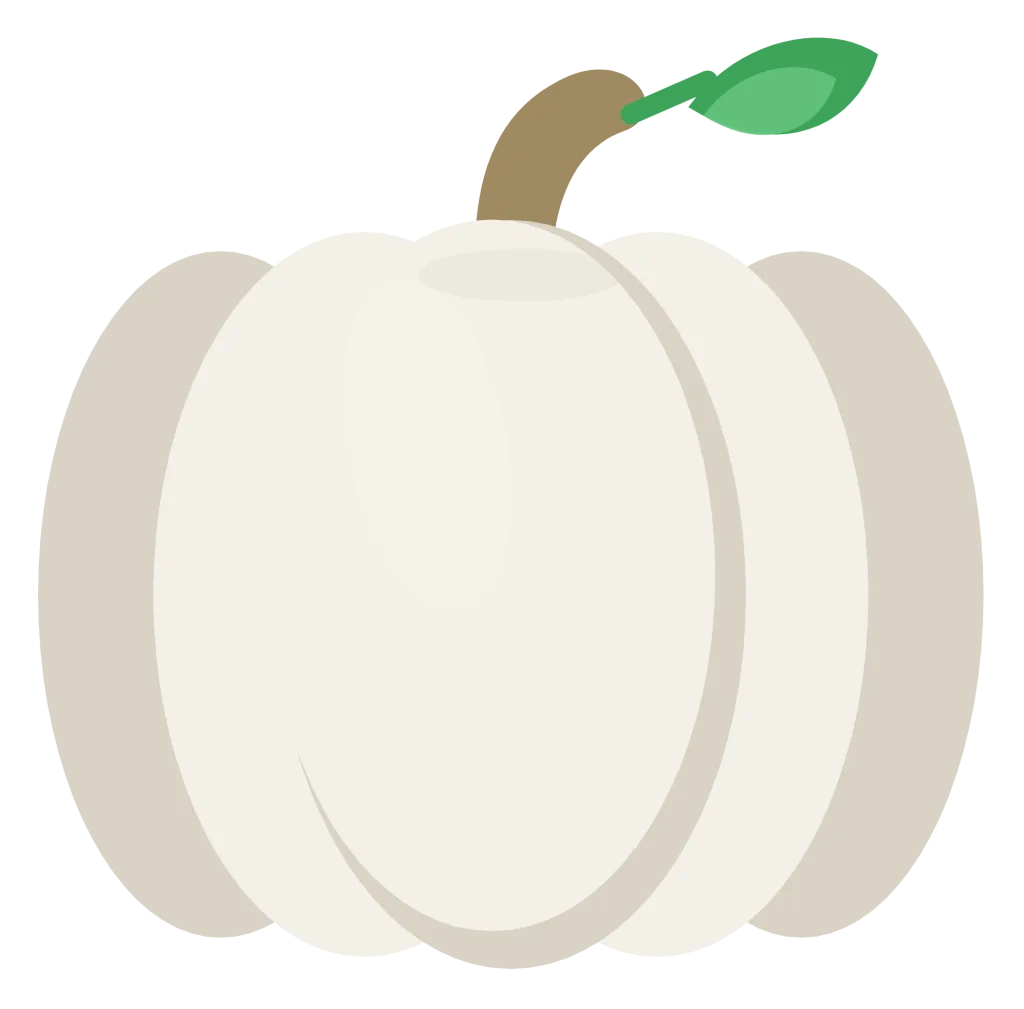 A pale cream-white pumpkin with soft grey ribbing and a short tan stem.