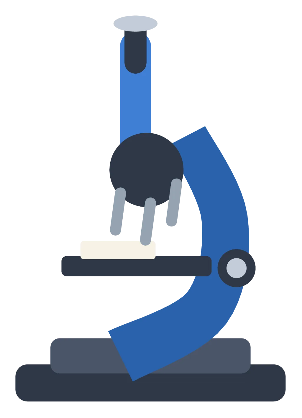 A blue and silver microscope with an eyepiece, a rotating objective turret and a slide on the stage.