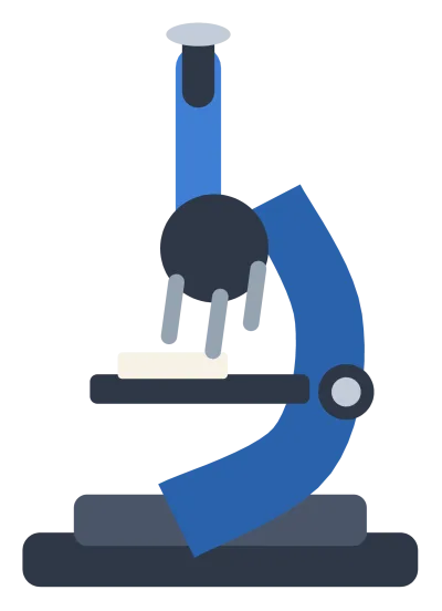 A blue and silver microscope with an eyepiece, a rotating objective turret and a slide on the stage.