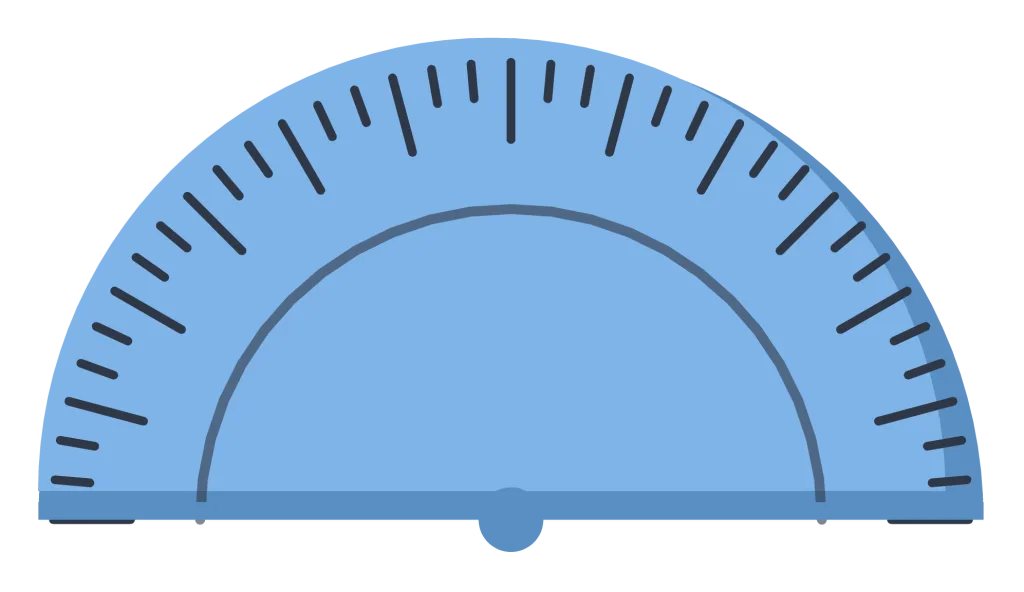 A translucent blue half-circle protractor with degree marks around the curve and a centre hole.