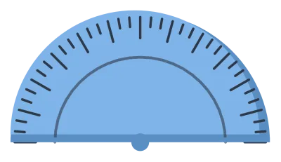 A translucent blue half-circle protractor with degree marks around the curve and a centre hole.
