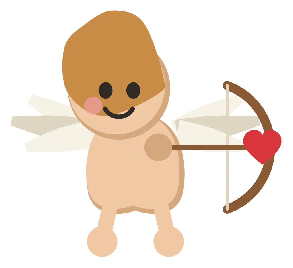 A cherub cupid with small wings, drawing a bow with a heart-tipped arrow.