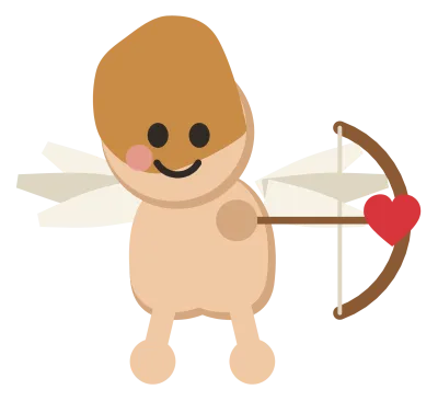 A cherub cupid with small wings, drawing a bow with a heart-tipped arrow.