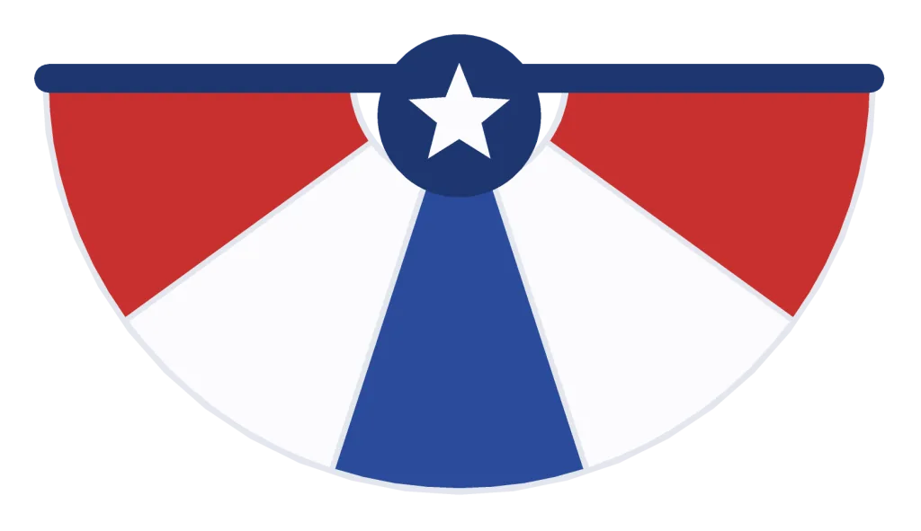 A half-round patriotic bunting fan in red, white and blue panels with a small star at the top.