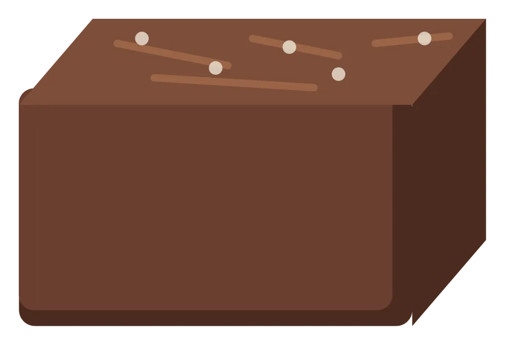A square chocolate brownie with a cracked top, a fudgy edge and a dusting of sugar.