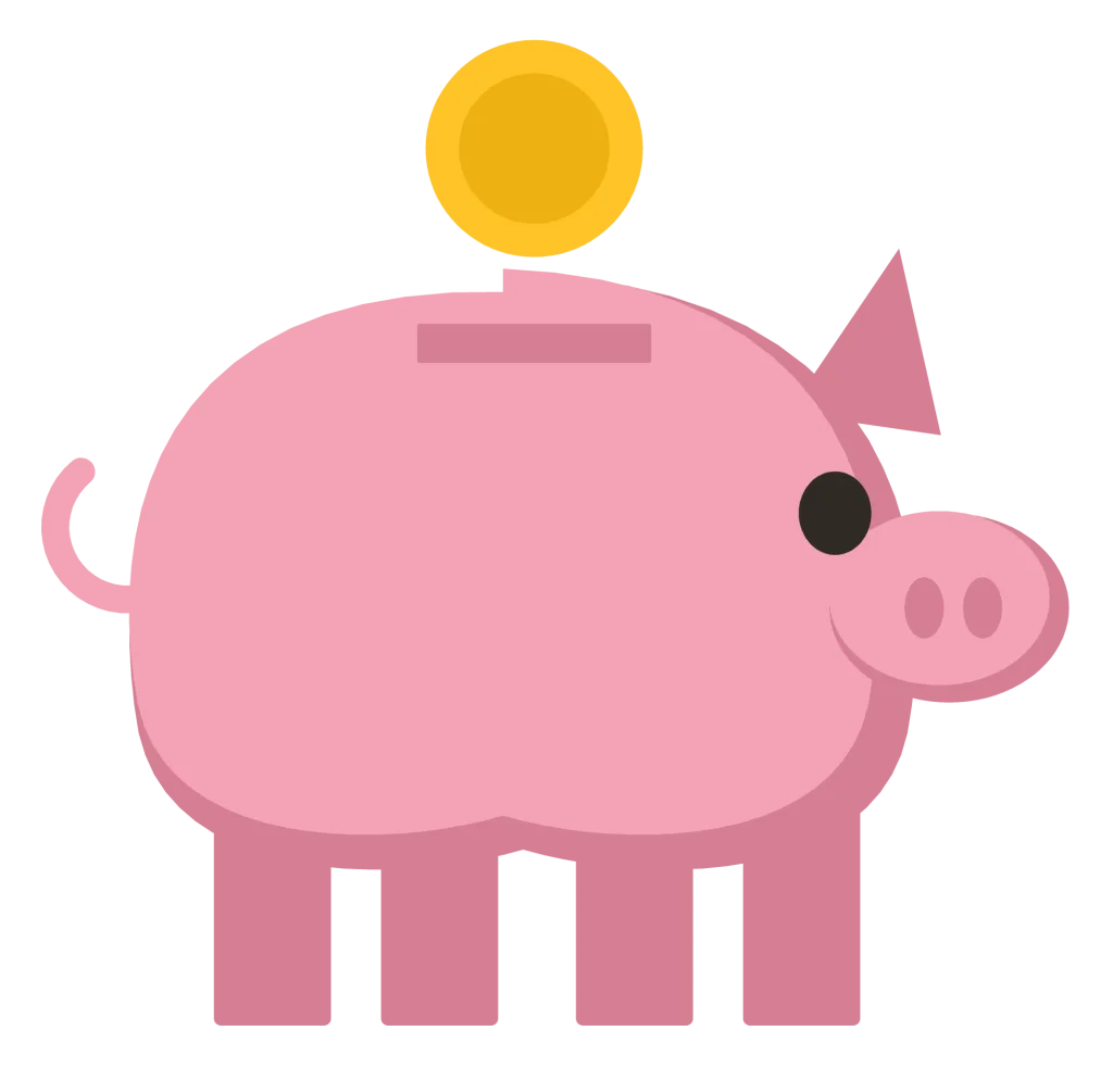 A pink piggy bank with a coin slot on its back and a gold coin dropping into it.