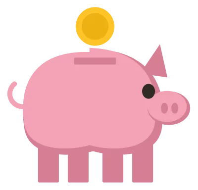 A pink piggy bank with a coin slot on its back and a gold coin dropping into it.