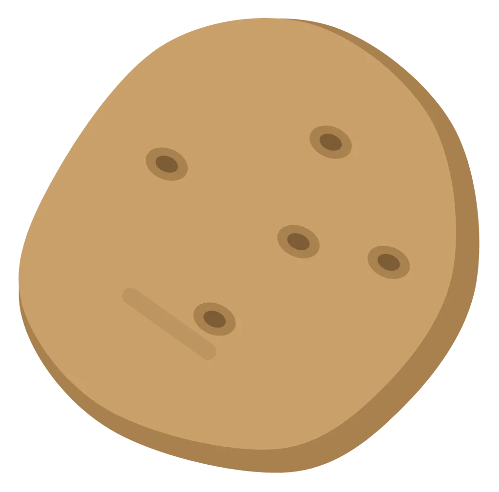 A brown potato with an irregular outline and several dark eyes across the skin.
