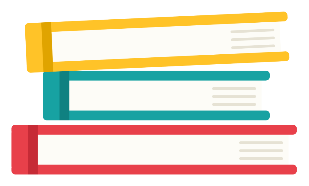 Three hardback books stacked on top of each other in red, teal and amber with visible page edges.