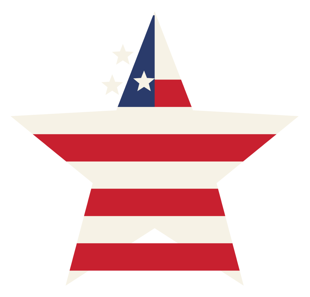 A five-pointed star in stars and stripes, navy at the top left and red and white bars across it.
