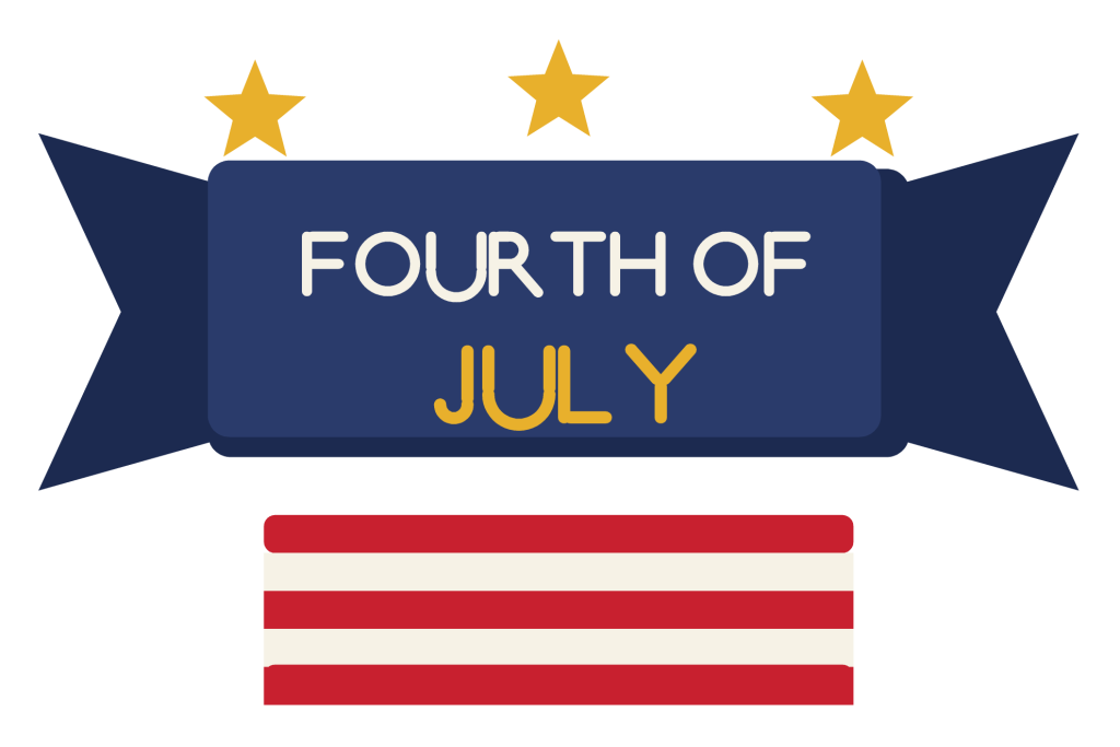 A navy ribbon banner reading Fourth of July with red and white stripes and gold stars.