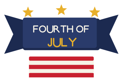 A navy ribbon banner reading Fourth of July with red and white stripes and gold stars.