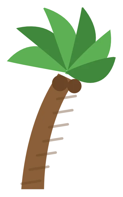 A palm tree with a curved trunk, six fronds and two coconuts at the crown.