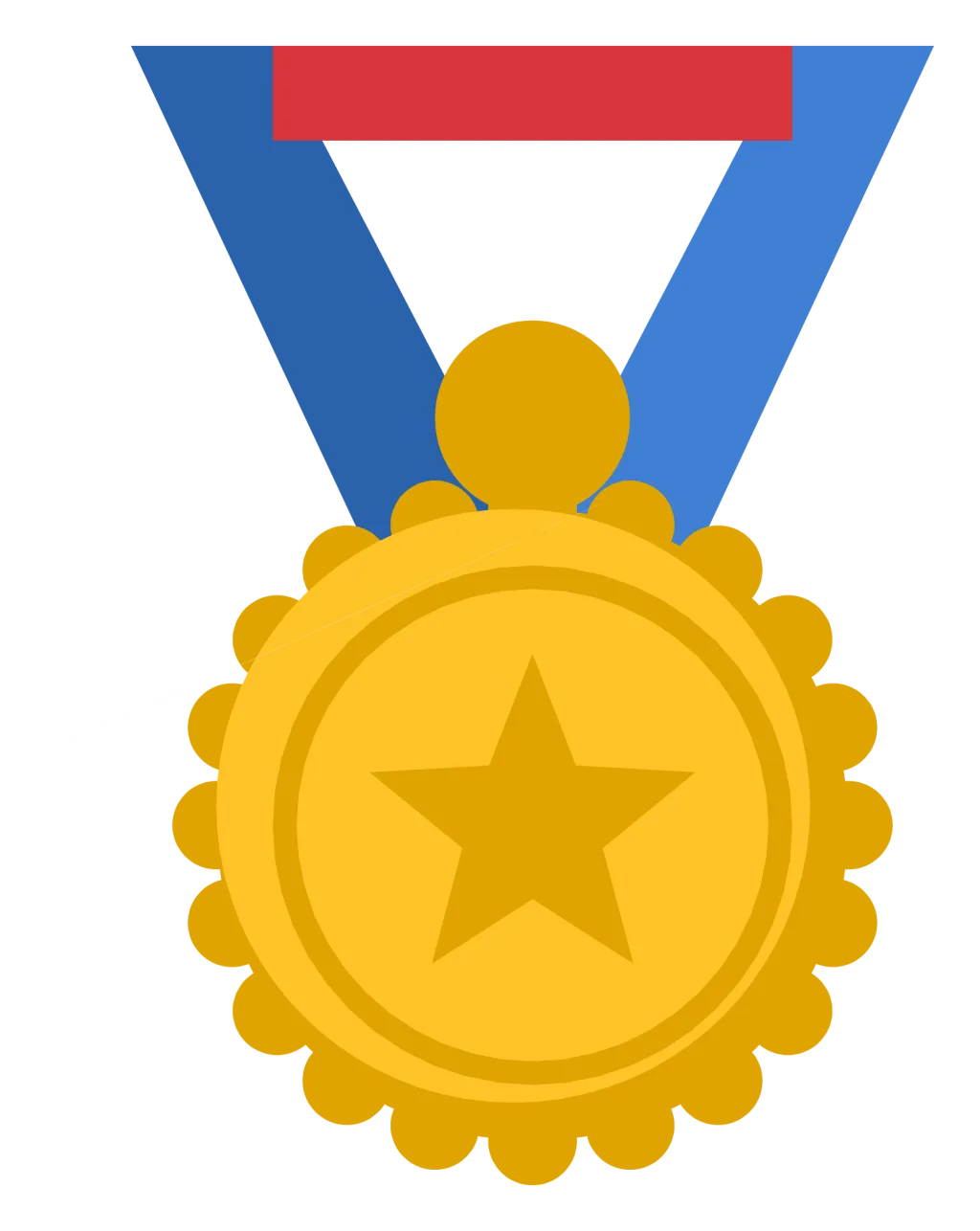 A gold medal with a star at its centre hanging from a striped ribbon.