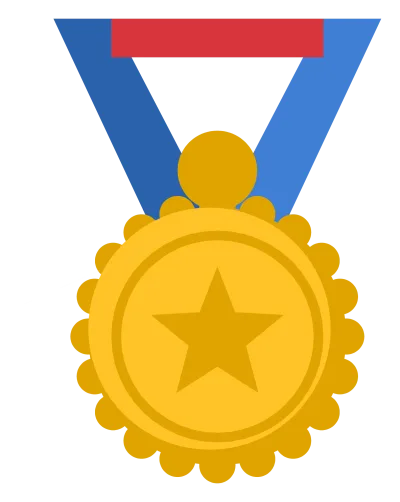 A gold medal with a star at its centre hanging from a striped ribbon.
